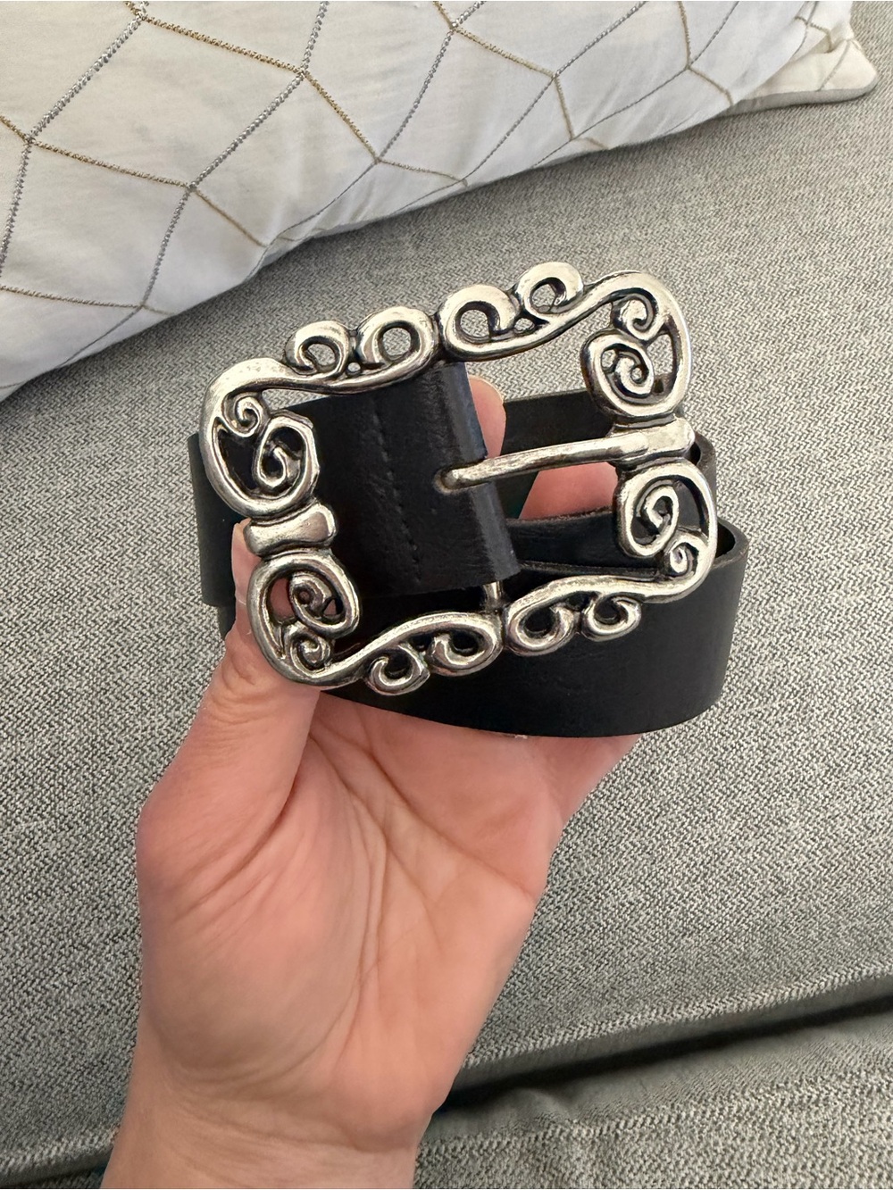 DANIER VINTAGE Black Leather Belt with Ornate Silver Buckle size M